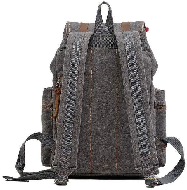 Alt view image 3 of 5 - HuaChen Vintage Canvas Backpack with Leather Accents, Casual Daypack Travel Rucksack for Men Women,School College Hiking Camping M32-Gray