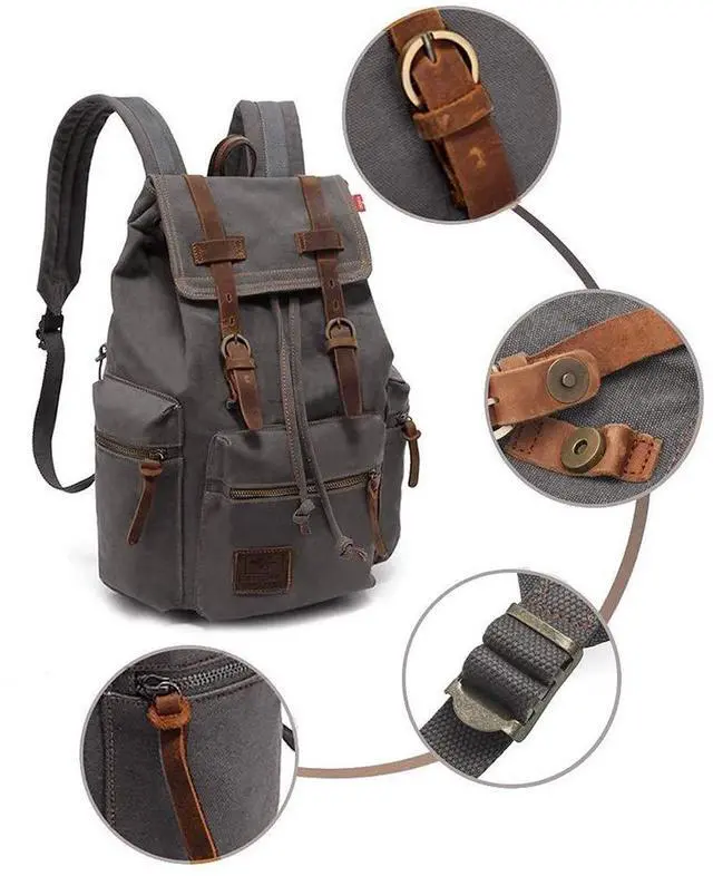 Alt view image 4 of 5 - HuaChen Vintage Canvas Backpack with Leather Accents, Casual Daypack Travel Rucksack for Men Women,School College Hiking Camping M32-Gray
