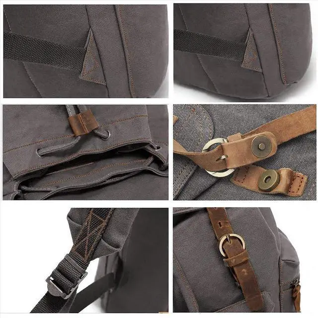 Alt view image 5 of 5 - HuaChen Vintage Canvas Backpack with Leather Accents, Casual Daypack Travel Rucksack for Men Women,School College Hiking Camping M32-Gray