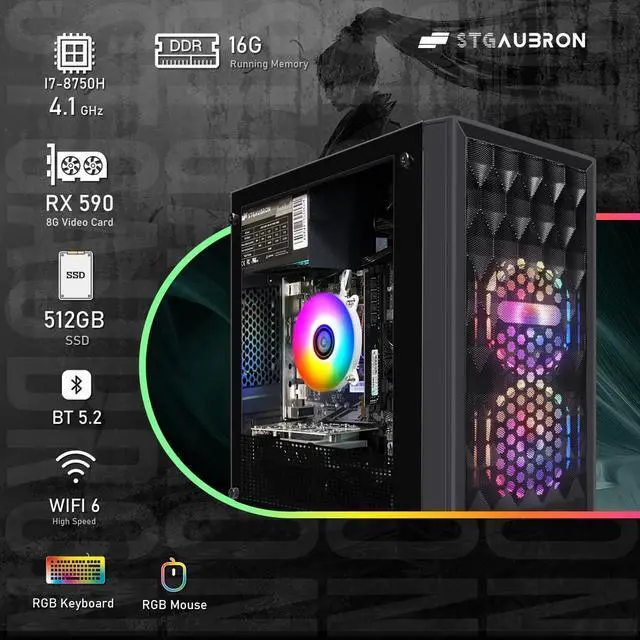 Alt view image 3 of 5 - STGAubron Gaming PC Computer Desktop, Radeon RX 590 8G, Intel Core I7 8th up to 4.1GHz, 16G DDR4, 512G SSD, WiFi 6 & BT 5.2, RGB Fan x2, Windows 11 Home