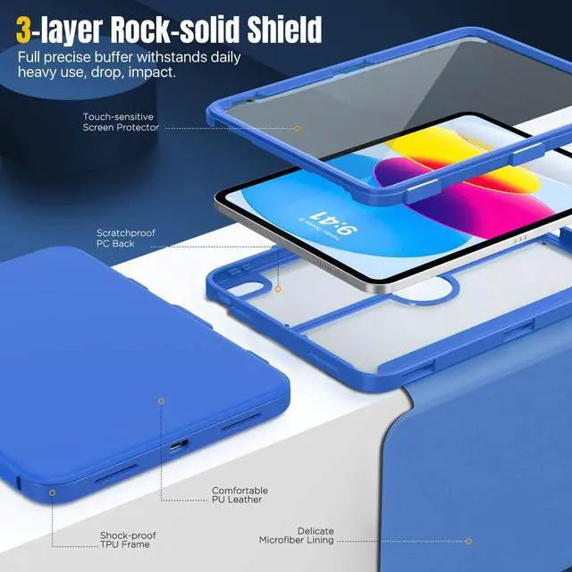 Alt view image 3 of 5 - MoKo for iPad 11-inch (A16) 11th Generation Case 2025/ iPad 10th Generation Case with Pencil Holder 2022 10.9 inch, Built-in Screen Protector Clear Back, Multi Angle Viewing Stand,Klein Blue