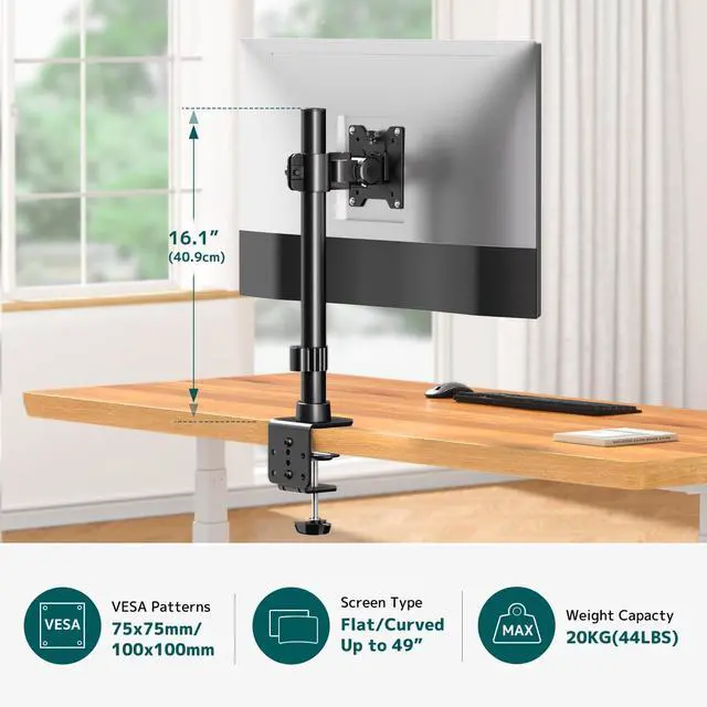 Alt view image 3 of 5 - Monitor Arm Ultrawide Heavy Duty 17-49 Inch - Single Monitor Mount holds up to 44lbs, Adjustable Desk Mount Stand, VESA75/100mm, Black
