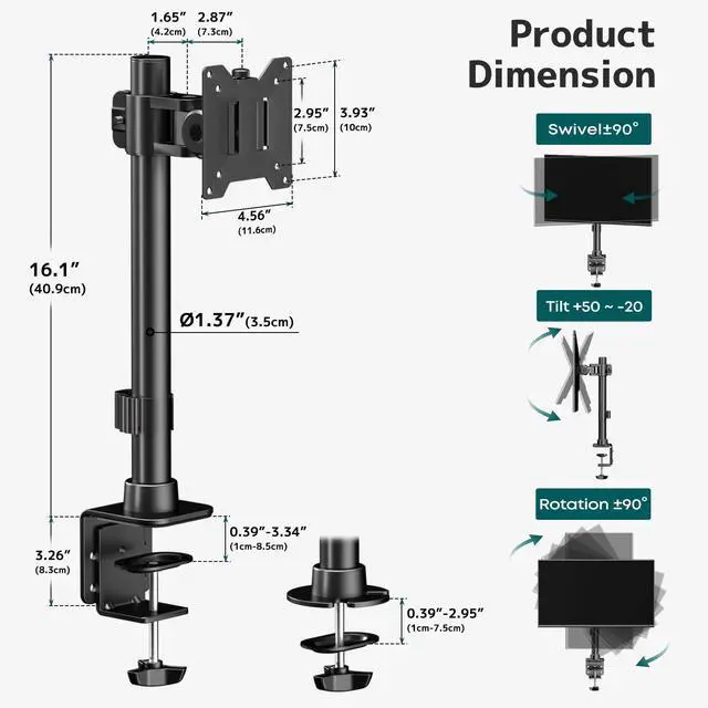 Alt view image 4 of 5 - Monitor Arm Ultrawide Heavy Duty 17-49 Inch - Single Monitor Mount holds up to 44lbs, Adjustable Desk Mount Stand, VESA75/100mm, Black