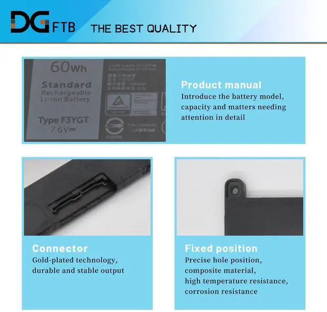 Alt view image 2 of 5 - DGTEC F3YGT Laptop Battery for Dell Latitude 12 7000 7280 7290 13 7380 7390 P29S002 14 7480 7490 P73G002 E7480 E7280 E7290 Series DM3WC DM6WC 2X39G KG7VF 451-BBYE 453-BBCF (7.6V 60Wh/7500mA)