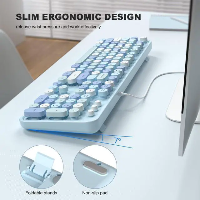 Alt view image 3 of 5 - MOFII Computer Keyboards Wired, Plug Play USB Full Size Typewriter Keyboard, Cute Colorful Aesthetic Keyboard with Foldable Stands for Windows PC Laptop (Blue Colorful)