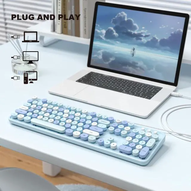 Alt view image 2 of 5 - MOFII Computer Keyboards Wired, Plug Play USB Full Size Typewriter Keyboard, Cute Colorful Aesthetic Keyboard with Foldable Stands for Windows PC Laptop (Blue Colorful)