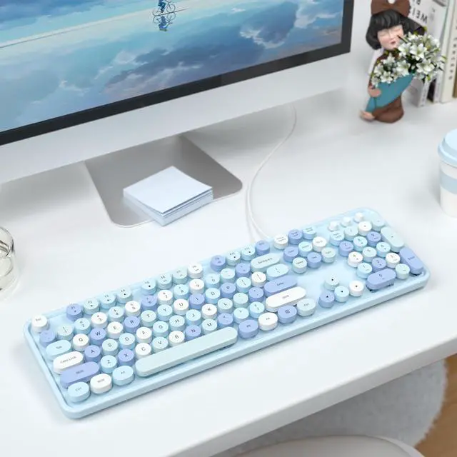 Alt view image 5 of 5 - MOFII Computer Keyboards Wired, Plug Play USB Full Size Typewriter Keyboard, Cute Colorful Aesthetic Keyboard with Foldable Stands for Windows PC Laptop (Blue Colorful)