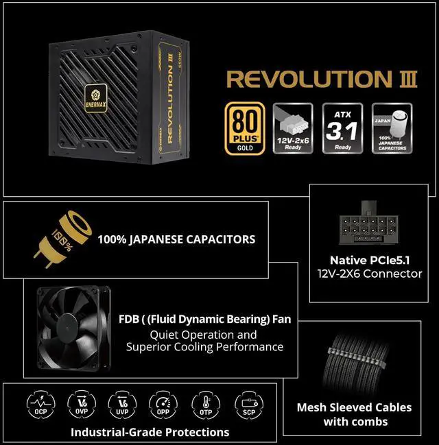 Alt view image 2 of 5 - ENERMAX Revolution III 850 - Fully Modular PC Power Supply - 850 Watts - 80 Plus Gold - 600W 12V-2x6 Connector - 100% Japanese Capacitors - Sleeved Cables - 10 Year Warranty
