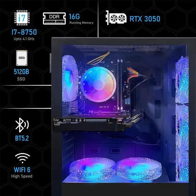 Alt view image 3 of 5 - STGAubron Gaming PC Computer Desktop, Intel Core i7 8th Gen up to 4.1G, GeForce RTX 3050 6G, 16G DDR4, 512G SSD, WiFi 6, BT 5.2, RGB Fan x6, Windows 11 Home