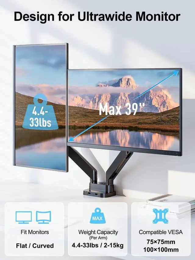 Alt view image 2 of 5 - ErgoFocus Dual Monitor Mount Fits Max 39" Computer Screen, Hold 4.4-33 lbs Each Ultrawide Desk Mount, Adjustable Gas Spring Double Monitor Arm, Monitor Stand for 2 Monitors with USB, VESA