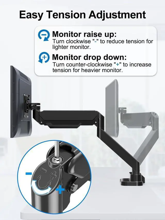 Alt view image 5 of 5 - ErgoFocus Dual Monitor Mount Fits Max 39" Computer Screen, Hold 4.4-33 lbs Each Ultrawide Desk Mount, Adjustable Gas Spring Double Monitor Arm, Monitor Stand for 2 Monitors with USB, VESA