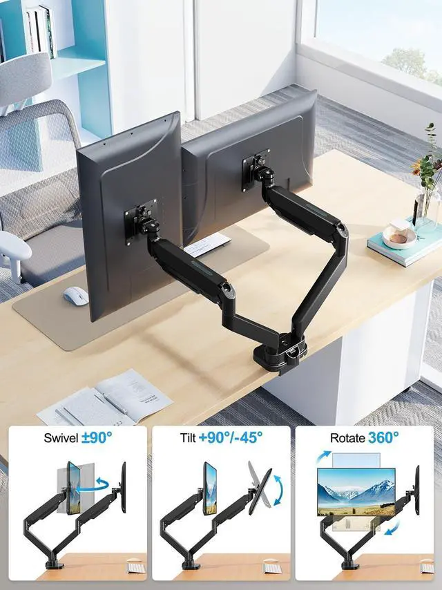 Alt view image 3 of 5 - ErgoFocus Dual Monitor Mount Fits Max 39" Computer Screen, Hold 4.4-33 lbs Each Ultrawide Desk Mount, Adjustable Gas Spring Double Monitor Arm, Monitor Stand for 2 Monitors with USB, VESA