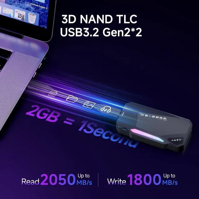 Alt view image 3 of 5 - 1TB Magnetic Portable SSD,2050MB/s Type-C USB 3.2 Gen 2x2 External SSD,4K ProRes Record and Store,Aluminum alloy,RGB Touch Lighting,External Solid State Drives for iPhone15/16/Android/PC/Mac -PS2200