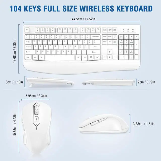 Alt view image 2 of 5 - Wireless Keyboard and Mouse Combo, EDJO Full-Sized Ergonomic Computer Keyboard with Wrist Rest and 3 Level DPI Adjustable Wireless Mouse for Windows, Mac OS Desktop/Laptop/PC (White)