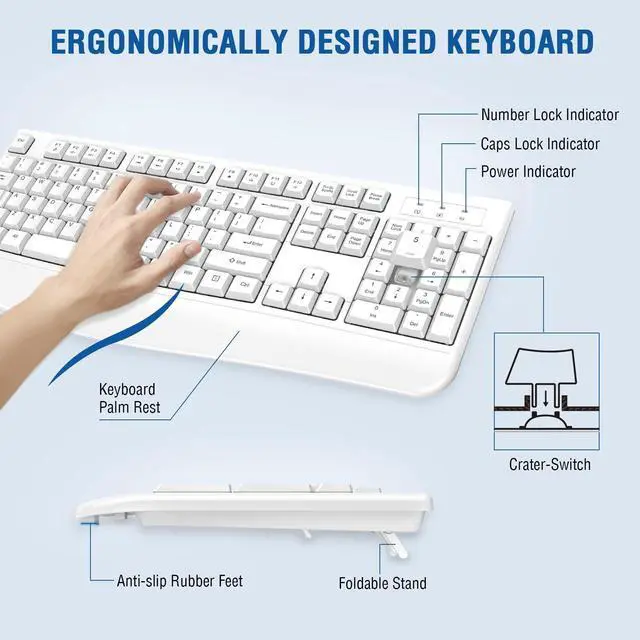 Alt view image 3 of 5 - Wireless Keyboard and Mouse Combo, EDJO Full-Sized Ergonomic Computer Keyboard with Wrist Rest and 3 Level DPI Adjustable Wireless Mouse for Windows, Mac OS Desktop/Laptop/PC (White)