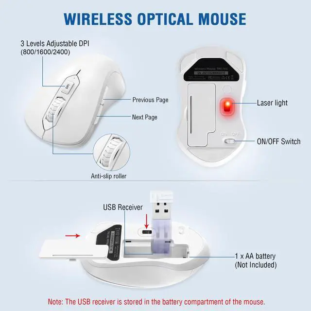 Alt view image 4 of 5 - Wireless Keyboard and Mouse Combo, EDJO Full-Sized Ergonomic Computer Keyboard with Wrist Rest and 3 Level DPI Adjustable Wireless Mouse for Windows, Mac OS Desktop/Laptop/PC (White)