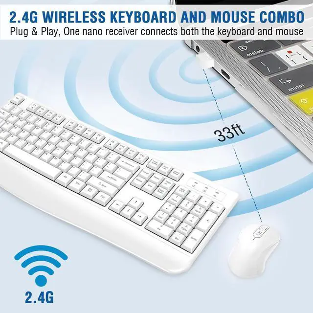 Alt view image 5 of 5 - Wireless Keyboard and Mouse Combo, EDJO Full-Sized Ergonomic Computer Keyboard with Wrist Rest and 3 Level DPI Adjustable Wireless Mouse for Windows, Mac OS Desktop/Laptop/PC (White)