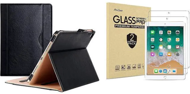 Main image of ProCase iPad Pro 9.7 Black Stand Folio Case Bundle with 2 Pack iPad 9.7 2018 & 2017 / iPad Pro 9.7 / iPad Air 2 / iPad Air Tempered Glass Screen Protectors