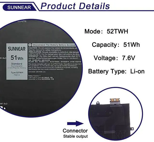 Alt view image 2 of 5 - SUNNEAR 52TWH Laptop Battery Replacement for Dell XPS 13 7390 2-in-1 Series Notebook P103G P103G001 P103G002 MM6M8 0MM6M8 XX3T7 0XX3T7 51Wh 7.6V 6375mAh 4Cell