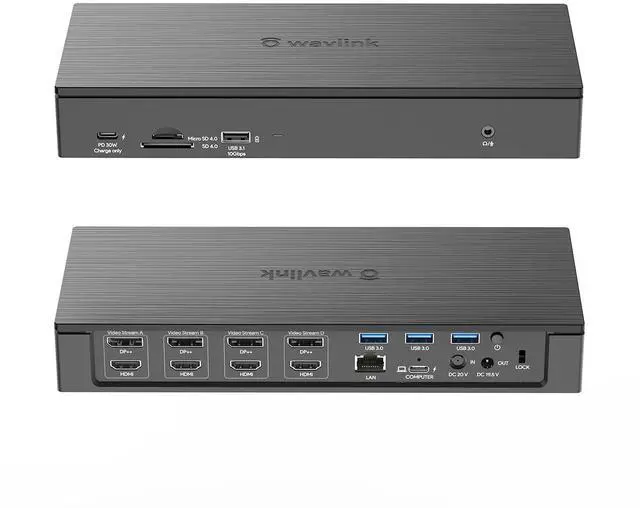 Main image of WAVLINK DisplayLink Laptop Docking Station - Quad Monitor 5K/4K@60Hz, 100W Charging - Thunderbolt 4/3, USB-C/A - M1 M2 Mac/Windows/Chrome/Ubuntu - 4 HDMI, 4 DP, 180W Power, SD 4.0 CR, 2.5Gbps LAN