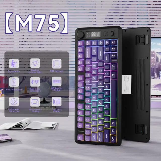Alt view image 2 of 5 - ZIYOU LANG M75 Wireless Gaming Keyboard, RGB Backlit Rechargeable 2000mAh Battery, Small Membrane But Mechanical Feel Keyboard with Smart Display & Knob, PBT Gradient keycaps for PC, MAC-Grape Purple