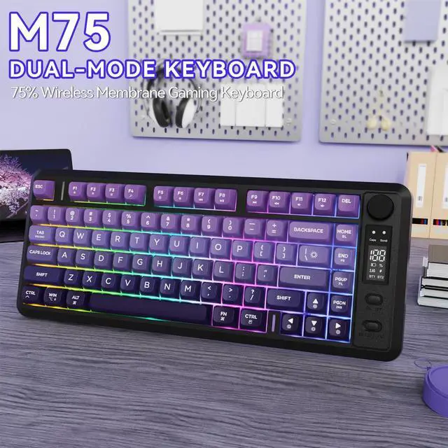 Alt view image 3 of 5 - ZIYOU LANG M75 Wireless Gaming Keyboard, RGB Backlit Rechargeable 2000mAh Battery, Small Membrane But Mechanical Feel Keyboard with Smart Display & Knob, PBT Gradient keycaps for PC, MAC-Grape Purple
