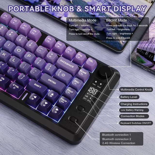 Alt view image 4 of 5 - ZIYOU LANG M75 Wireless Gaming Keyboard, RGB Backlit Rechargeable 2000mAh Battery, Small Membrane But Mechanical Feel Keyboard with Smart Display & Knob, PBT Gradient keycaps for PC, MAC-Grape Purple