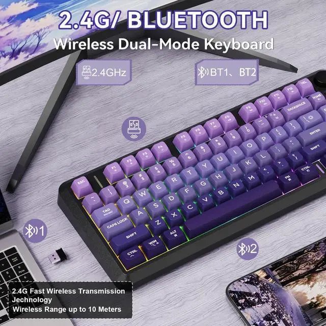 Alt view image 5 of 5 - ZIYOU LANG M75 Wireless Gaming Keyboard, RGB Backlit Rechargeable 2000mAh Battery, Small Membrane But Mechanical Feel Keyboard with Smart Display & Knob, PBT Gradient keycaps for PC, MAC-Grape Purple