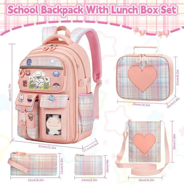 Alt view image 2 of 5 - LEWKANA Cute Backpack for Girls, 5 Pack Kawaii Backpack Aesthetic Backpack with Lunch Box Set, Girls Pink School Bookbag for Kids Teen Elementary