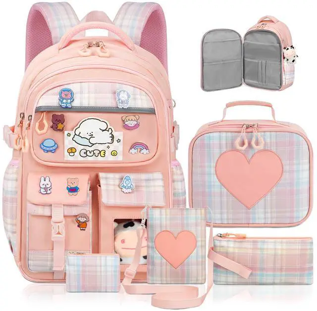 Main image of LEWKANA Cute Backpack for Girls, 5 Pack Kawaii Backpack Aesthetic Backpack with Lunch Box Set, Girls Pink School Bookbag for Kids Teen Elementary