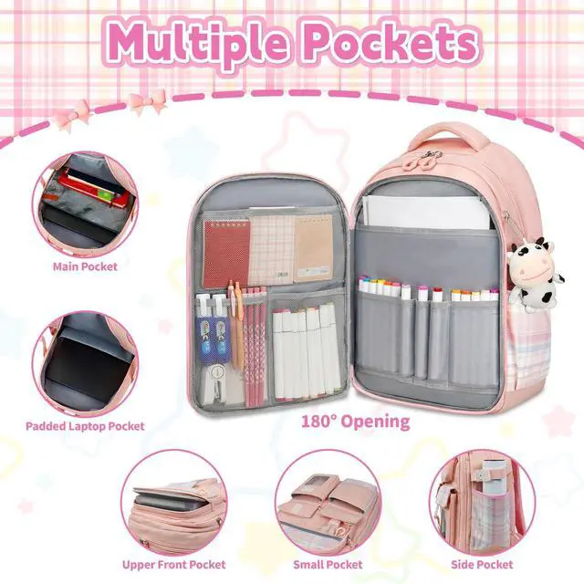 Alt view image 3 of 5 - LEWKANA Cute Backpack for Girls, 5 Pack Kawaii Backpack Aesthetic Backpack with Lunch Box Set, Girls Pink School Bookbag for Kids Teen Elementary