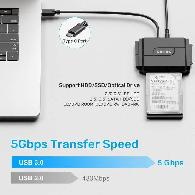 Alt view image 2 of 5 - Unitek IDE/SATA to USB C 3.0 Adapter, Universal IDE Hard Drive Little Triangle pro Converter for 2.5"/3.5" Inch IDE and SATA External HDD/SSD, Support 10TB