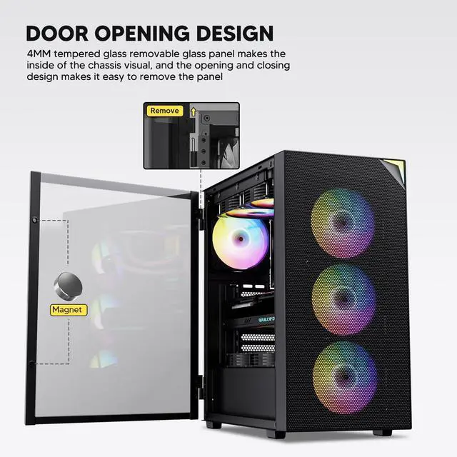 Alt view image 2 of 5 - Vetroo AL800 Mid Tower ATX PC Computer Case - Door Opening Design Tempered Glass, Adjustable LED Strip, Pre-Installed ARGB & PWM FDB Fan in Rear, Support for 50 Series GPUs - Black