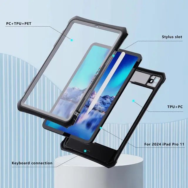 Alt view image 2 of 5 - IP68 Waterproof Case for iPad Pro 11 inch 2024 M4 5th with Pencil Holder,Foldable Kickstand,Shock Dust Snow Proof, Full-Sealing Watertight Cover