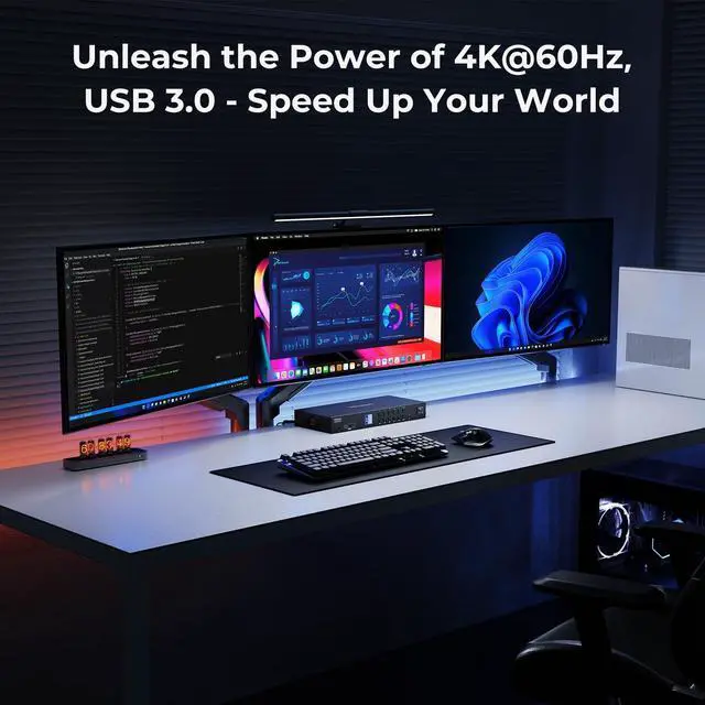 Alt view image 4 of 5 - TESmart USB 3.0 KVM Switch 3 Monitors 4 Computers 4K@60Hz, HDMI+DP KVM Docking Station, EDID Emulators, 1G Ethernet, Hotkey Switch, 2K@144Hz for Gaming & Home Office, Audio & Mic with All Input Cables