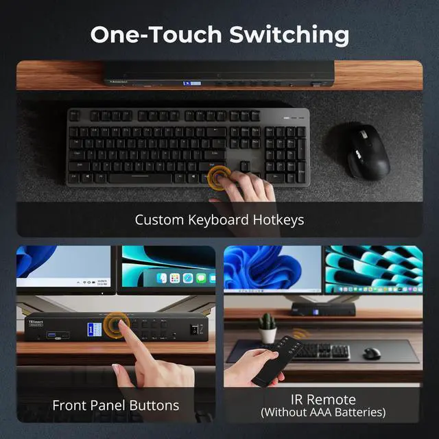 Alt view image 5 of 5 - TESmart USB 3.0 KVM Switch 3 Monitors 4 Computers 4K@60Hz, HDMI+DP KVM Docking Station, EDID Emulators, 1G Ethernet, Hotkey Switch, 2K@144Hz for Gaming & Home Office, Audio & Mic with All Input Cables