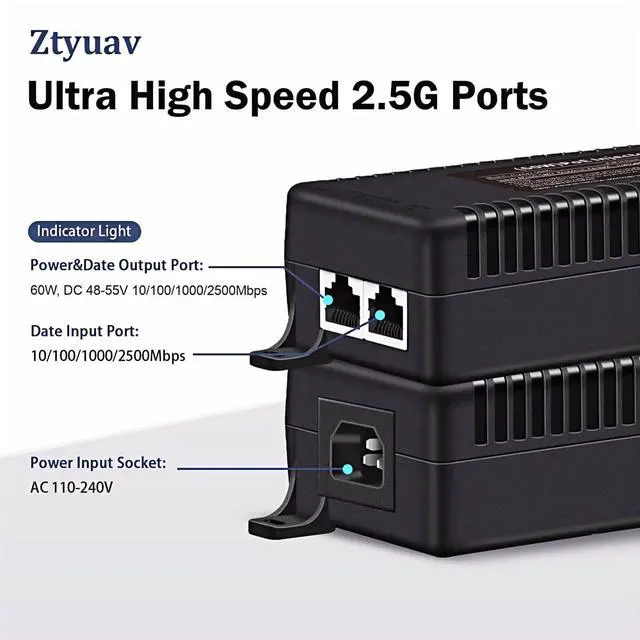Alt view image 2 of 5 - Ztyuav 2.5G PoE++ Injector 60W Non-PoE to PoE Adapter with 2 RJ-45 Ports - 100/1000/2500Mbps, IEEE 802.3af/at/bt Compliant, Plug & Play, Distance Up to 100 Meters (328 ft.), Black