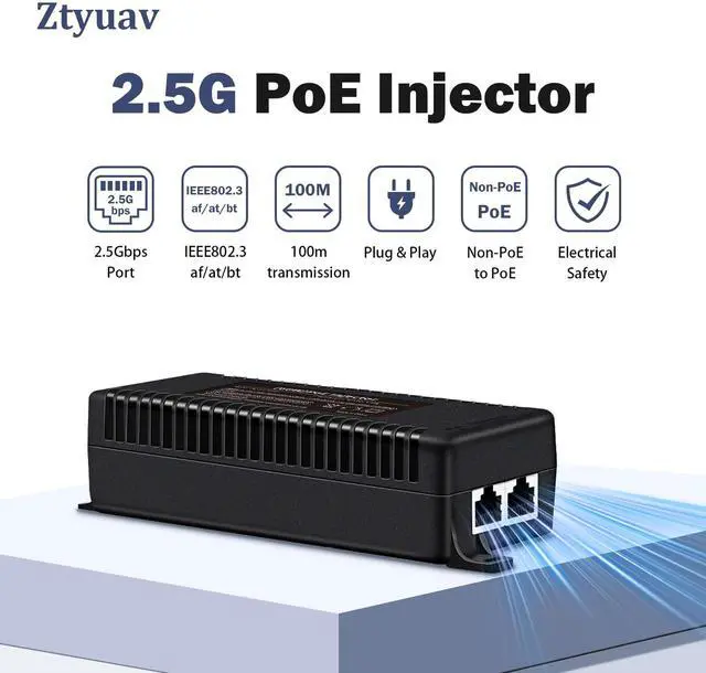 Alt view image 3 of 5 - Ztyuav 2.5G PoE++ Injector 60W Non-PoE to PoE Adapter with 2 RJ-45 Ports - 100/1000/2500Mbps, IEEE 802.3af/at/bt Compliant, Plug & Play, Distance Up to 100 Meters (328 ft.), Black