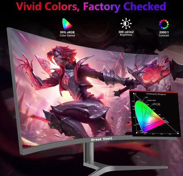 Alt view image 2 of 5 - Great voell 38-Inch Ultrawide Curved Gaming Monitor  144Hz, UWQHD 3840x1600, 1ms Response, AMD FreeSync, HDR, 99% sRGB, Anti-Blue Light, VESA Mount, HDMI 2.0 & DP 1.4  Adjustable Stand