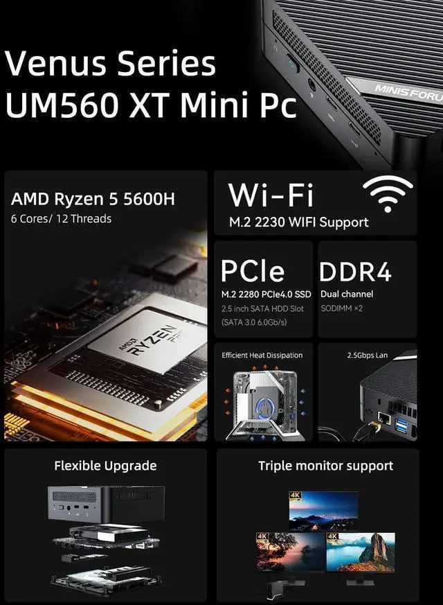 Alt view image 2 of 5 - MINISFORUM Mini Server UM560 XT AMD Ryzen 5 5600H Mini PC 32GB RAM 512GB PCIe SSD Mini Computer, 2.5G Intel NIC, 2 X HDMI & USB-C, 6 X USB Port,Small Form Factor