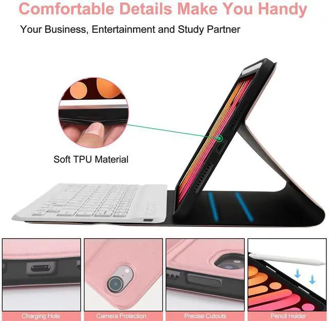 Alt view image 5 of 5 - BORIYUAN iPad Mini (A17 Pro) 7th Keyboard Case 2024, Detachable Wireless Bluetooth Keyboard, Smart Slim Folio Cover with Build-in Pencil Holder for iPad Mini 7th/6th 2021 Generation 8.3 inch Rose Gold