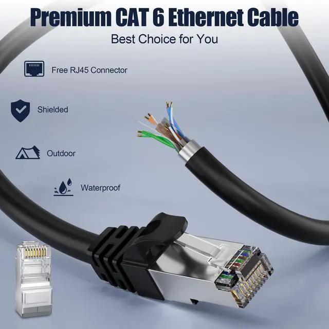 Alt view image 2 of 5 - Cat 6 Outdoor Ethernet Cable 200ft ( 10 RJ45 ), FTP Cat 6 Shielded Cable Gigabit 23AWG, Heavy Duty, Direct Burial, Waterproof, In-Ground, UV Resistant LAN Internet Network Cable for Router Gaming, CCA