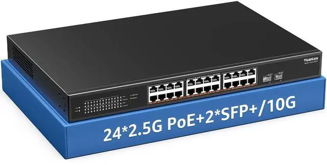 Main image of YuanLey 26 Port 2.5G PoE Switch Unmanaged, 24 x 2.5G Base-T PoE Ports, 2 x 10G SFP+, IEEE802.3af/at, 400W, Compatible with 100/1000/2500Mbps, Metal Case, Desktop/Rack Mount 2.5Gbe Network Switch