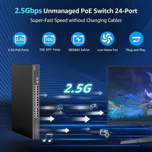 Alt view image 2 of 5 - YuanLey 26 Port 2.5G PoE Switch Unmanaged, 24 x 2.5G Base-T PoE Ports, 2 x 10G SFP+, IEEE802.3af/at, 400W, Compatible with 100/1000/2500Mbps, Metal Case, Desktop/Rack Mount 2.5Gbe Network Switch