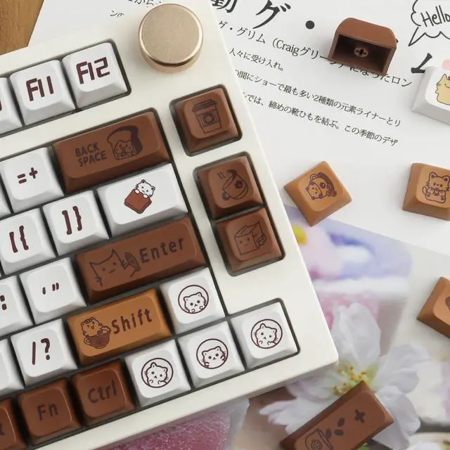 Alt view image 2 of 5 - Hyekit PBT Keycaps - 129 Keys Cat Coffee Design, Dye-Sublimation, XDA Profile, Custom Keycaps for Cherry Gateron MX Switches Mechanical Keyboards
