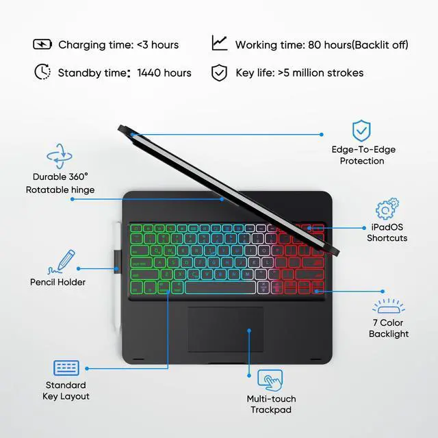 Alt view image 5 of 5 - doqo iPad Pro 11 inch Case with Keyboard (M4, 2024),Keyboard case for iPad Pro 11 2024 with Multi-Touch Trackpad, 7 Colors Backlight & 360°Rotatable,Thin&Light for iPad Pro 11 5th Black
