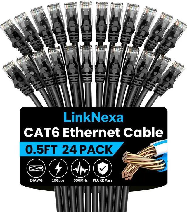 Main image of LinkNexa Cat 6 Ethernet Cable 0.5ft(24 Pack), High Speed 10Gbps Network Cable, UTP 24AWG Flexible RJ45 LAN Internet Cable for Computer, Router, Modem, PS4/5, Xbox, Gaming, Black