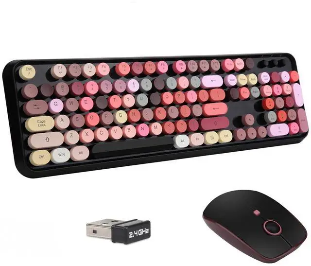 Main image of Ubxxziy Wireless Keyboard and Mouse | Cute Colorful Keyboard and Mouse with 2.4GHz Cordless Retro Typewriter Keyboard | Auto-Sleep | USB Receiver for Windows PC/Laptop - Black Colorful