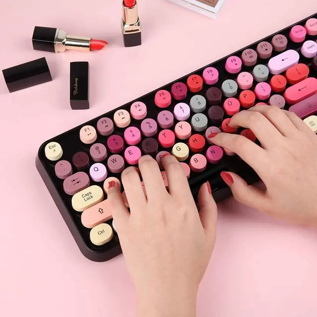 Alt view image 2 of 5 - Ubxxziy Wireless Keyboard and Mouse | Cute Colorful Keyboard and Mouse with 2.4GHz Cordless Retro Typewriter Keyboard | Auto-Sleep | USB Receiver for Windows PC/Laptop - Black Colorful
