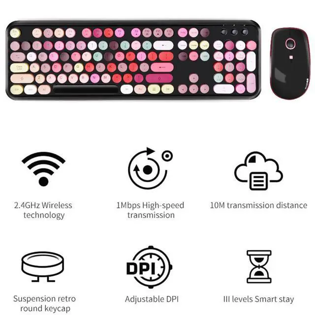 Alt view image 3 of 5 - Ubxxziy Wireless Keyboard and Mouse | Cute Colorful Keyboard and Mouse with 2.4GHz Cordless Retro Typewriter Keyboard | Auto-Sleep | USB Receiver for Windows PC/Laptop - Black Colorful